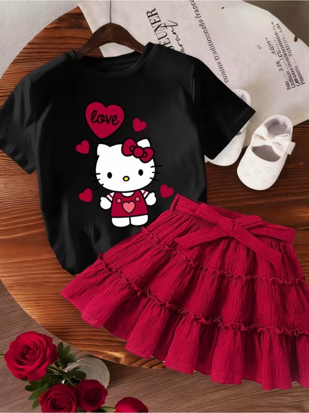 New Girls Hello Kitty Heart Top and Red Tiered Skirt Set